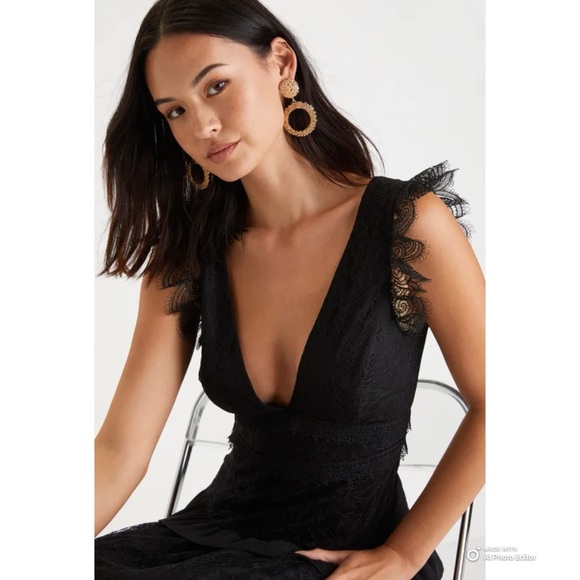 Lulus Large Marvelous Darling Black Lace Ruffled Tiered Maxi Dress NWT Formal - Picture 4 of 16